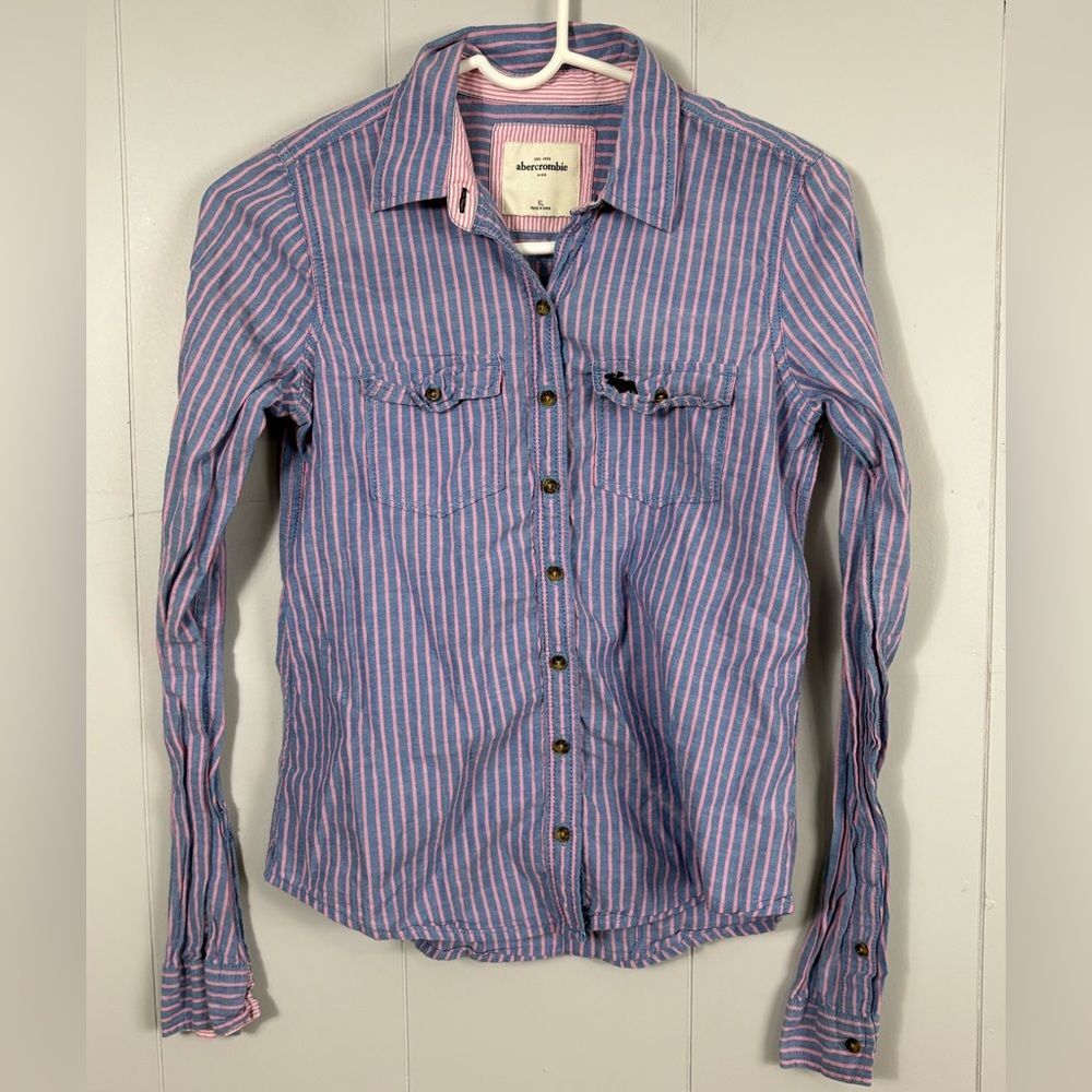 Abercrombie Kids Y2K Striped Pink Blue Button Down Top XL Preppy Cute Vintage